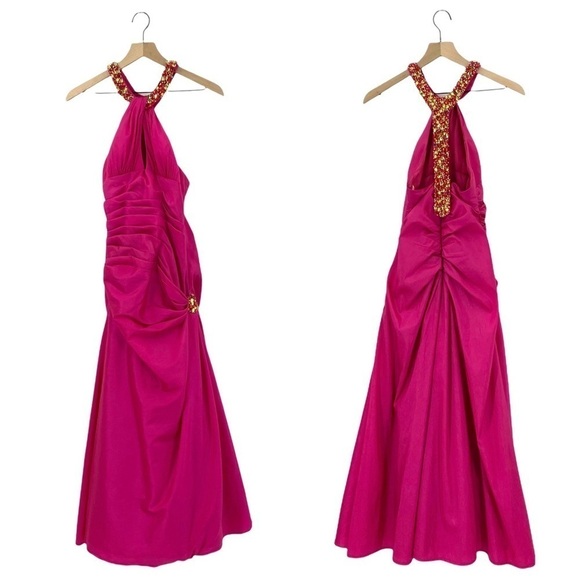 Flirt by Maggie Sottero Jeweled Y-Back Fuchsia Pink Ruched Gown Size 0 - Picture 1 of 9